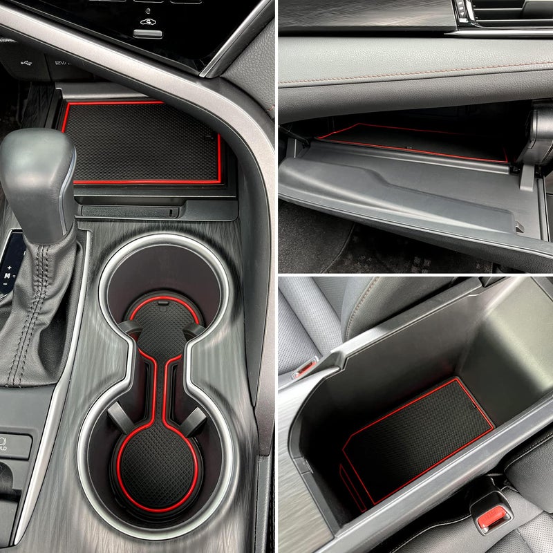 REMOCH Cup Holder for Toyota Camry 2018 2019 2020 2021 2022 Accessories, Premium Custom Cup Holder Insert, Center Console Liner Organizer Door Pocket Mats Pad (Red Trim) - 16 PC Set - Image 2