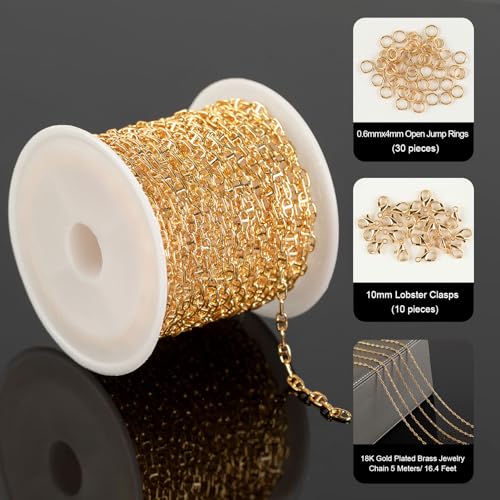 YOUBEIYEE 16.4 Feet Light Gold Jewelry Chain Bulk 18K Gold Plated Brass Chain Tiny Pig Nose Chain Necklace DIY Jewelry Chain Roll with Jump Rings and Lobster Clasps - Image 2