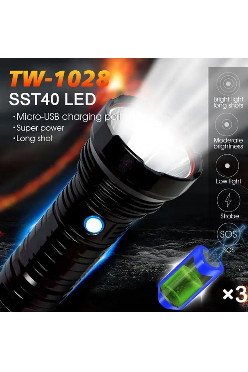 360°Light Rechargeable Tactical Flashlight TW-1028 (26650 Battery and Charger Included) High Lumens LED, Super Bright, Zoomable, 5 Modes and Water Resistant - Best Camping, Emergency Flashlights - Image 3