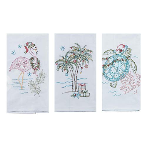 Kay Dee Designs Coastal Holiday Embroidered Flour Sack Towels - Flamingo, Palm Tree, and Sea Turtle - Set of 3 Designs - Image 1
