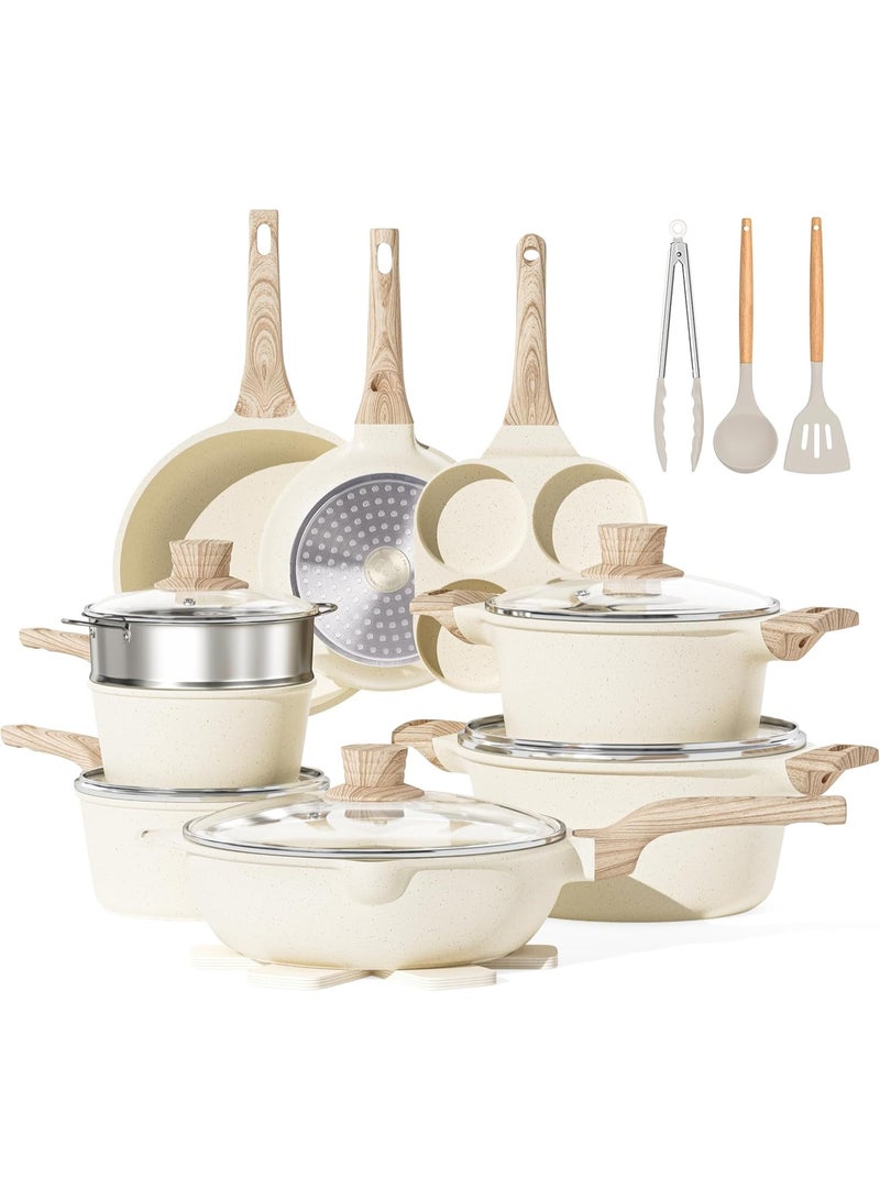 Caannasweis 21Pcs Cookware Sets, Nonstick Pots and Pans Set, Granite Induction Cookware, Non Stick Kitchen Cooking Set withTempered Glass Lids，Gas, Electric, Ceramic, Induction Compatible，Nonstick Granite Omelette Skillet Breakfast Egg pan Set,Including Small Milk Pot, Frying Pan, Wok,Steamer Basket and Saucepan ,PFOS PFOA Free，Beige - Image 1