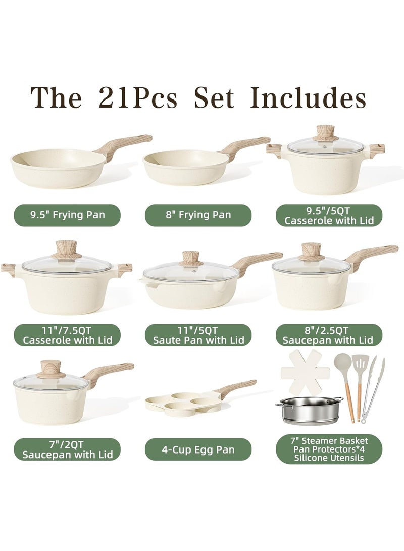 Caannasweis 21Pcs Cookware Sets, Nonstick Pots and Pans Set, Granite Induction Cookware, Non Stick Kitchen Cooking Set withTempered Glass Lids，Gas, Electric, Ceramic, Induction Compatible，Nonstick Granite Omelette Skillet Breakfast Egg pan Set,Including Small Milk Pot, Frying Pan, Wok,Steamer Basket and Saucepan ,PFOS PFOA Free，Beige - Image 2
