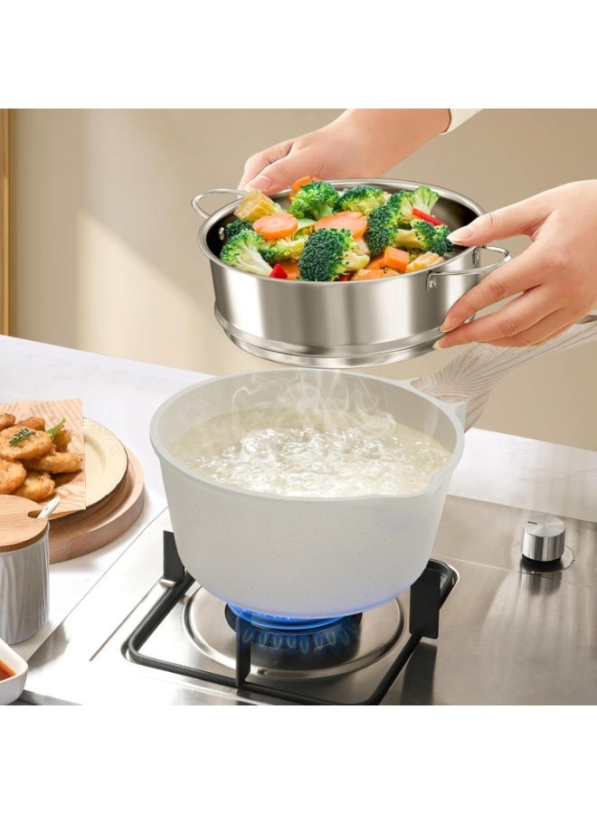 Caannasweis 21Pcs Cookware Sets, Nonstick Pots and Pans Set, Granite Induction Cookware, Non Stick Kitchen Cooking Set withTempered Glass Lids，Gas, Electric, Ceramic, Induction Compatible，Nonstick Granite Omelette Skillet Breakfast Egg pan Set,Including Small Milk Pot, Frying Pan, Wok,Steamer Basket and Saucepan ,PFOS PFOA Free，Beige - Image 5