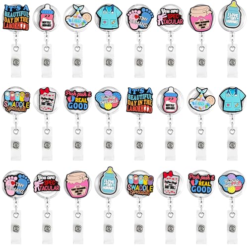 Ulema 24Pcs Funny Badge Reel Retractable for Labor and Delivery Nurse & Midwife, NICU, Maternity Badge Clip, Cute OB/GYN Badge Holder for Nurses Cute Glitter Badge Clip for l&d OBGYN Gifts. - Image 1