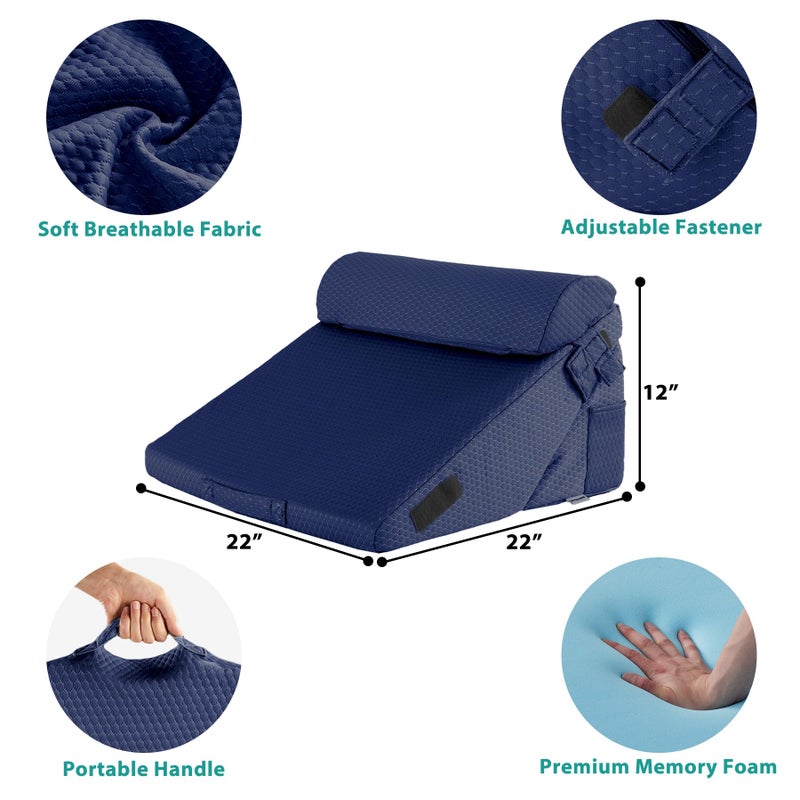 Bedluxe 3Pcs Orthopedic Bed Wedge Pillow Set, Foam Wedge Pillow Post Surgery for Back, Leg and Knee Support, Adjustable 9&12 Inch Folding Triangle Pillow for Sleeping, Acid Reflux, Snoring, Navy - Image 3