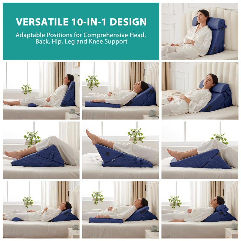 Bedluxe 3Pcs Orthopedic Bed Wedge Pillow Set, Foam Wedge Pillow Post Surgery for Back, Leg and Knee Support, Adjustable 9&12 Inch Folding Triangle Pillow for Sleeping, Acid Reflux, Snoring, Navy - Image 2
