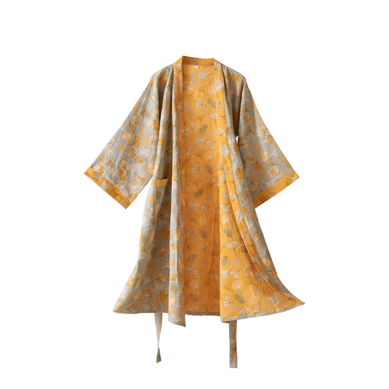 Kimono Robe Purefair 100% Cotton Gauze Ginkgo Leaf Print - Image 1