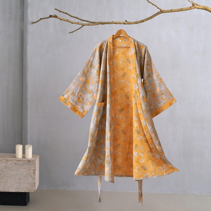 Kimono Robe Purefair 100% Cotton Gauze Ginkgo Leaf Print - Image 2