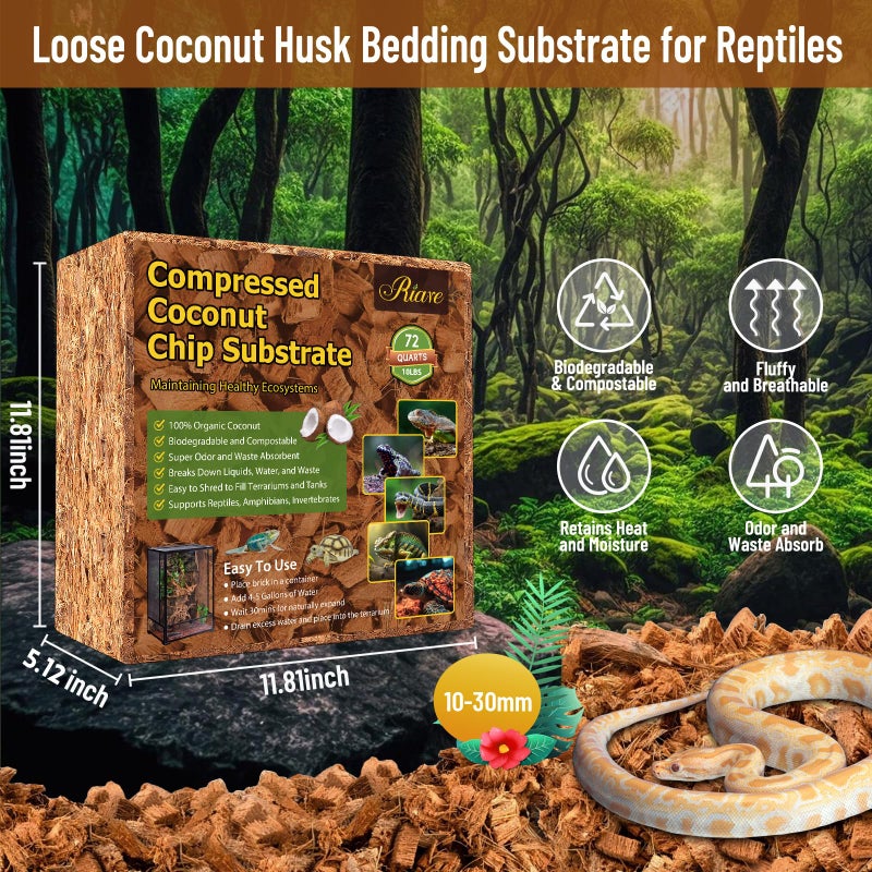 Riare 10LB Coconut Chip Substrate for Reptiles, 72 Quart Coconut Fiber Substrate Coco Chips Substrate Coconut Husk Bedding for Snakes, Tortoises, Ball Python, Bearded Dragon, Geckos, Lizards, Frogs - Image 2
