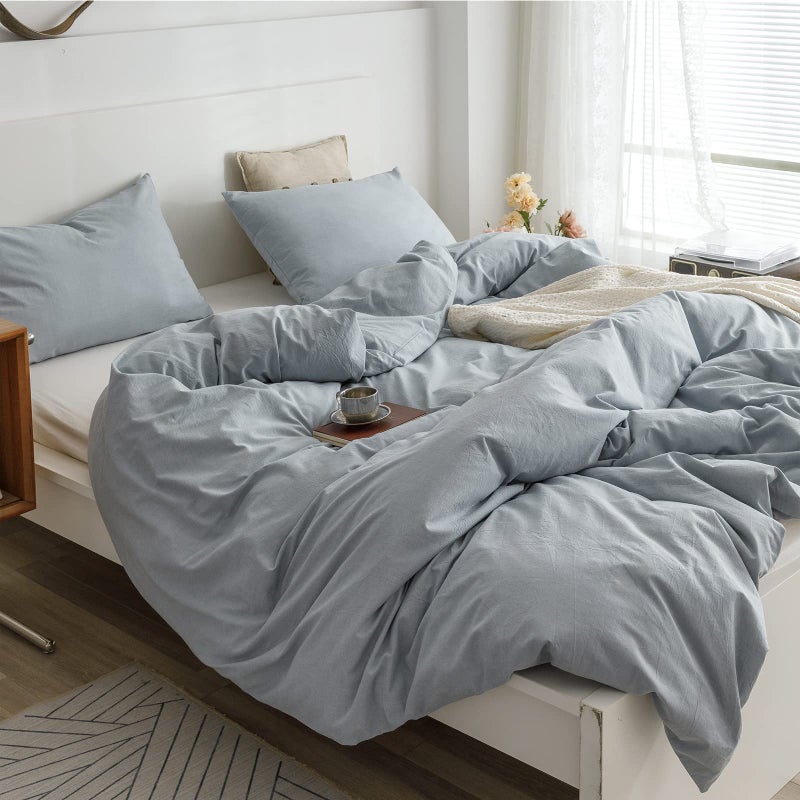 ECOCOTT ECOCOTT Light Blue Duvet Cover Full Size - 100% Washed Cotton Durable Soft Comfy Duvet Cover Set  3 Pieces Duvet Cover with Zipper Closure (80''x90'')  - Image 4
