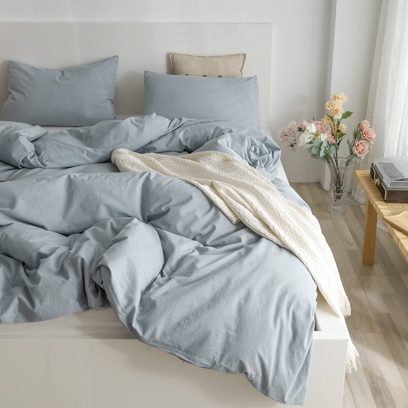 ECOCOTT ECOCOTT Light Blue Duvet Cover Full Size - 100% Washed Cotton Durable Soft Comfy Duvet Cover Set  3 Pieces Duvet Cover with Zipper Closure (80''x90'')  - Image 2