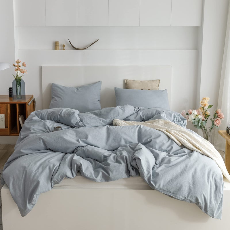 ECOCOTT ECOCOTT Light Blue Duvet Cover Full Size - 100% Washed Cotton Durable Soft Comfy Duvet Cover Set  3 Pieces Duvet Cover with Zipper Closure (80''x90'')  - Image 3