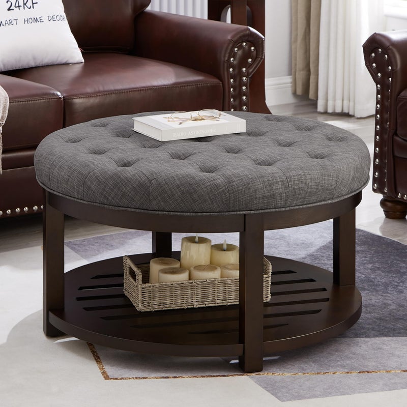 24KF Large Round Upholstered Tufted Linen Ottoman Coffee Table Large Footrest Ottoman with Wood Shelf StorageDark Gray