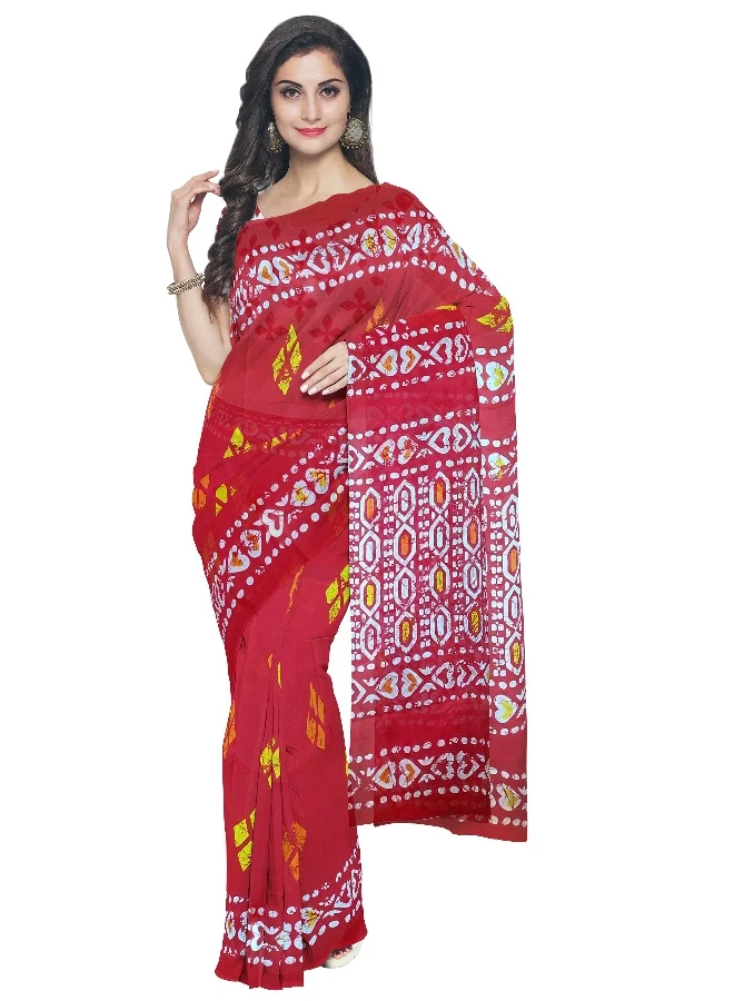 Parinita Sarees ساري قطن مول أحمر طوبي للنساء