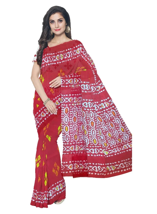 Parinita Sarees ساري قطن مول أحمر طوبي للنساء