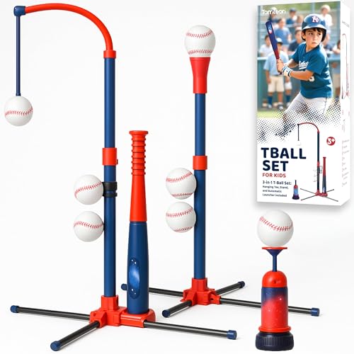 TOMLEON 3in1 Baseball Set for Kids and Toddlers Ages 35 Includes Tee Ball Stand Hanging Tee Automatic Ball Launcher and 6 Softballs Adjustable Height for IndoorOutdoor Play Sports Gift for Boys - Image 1