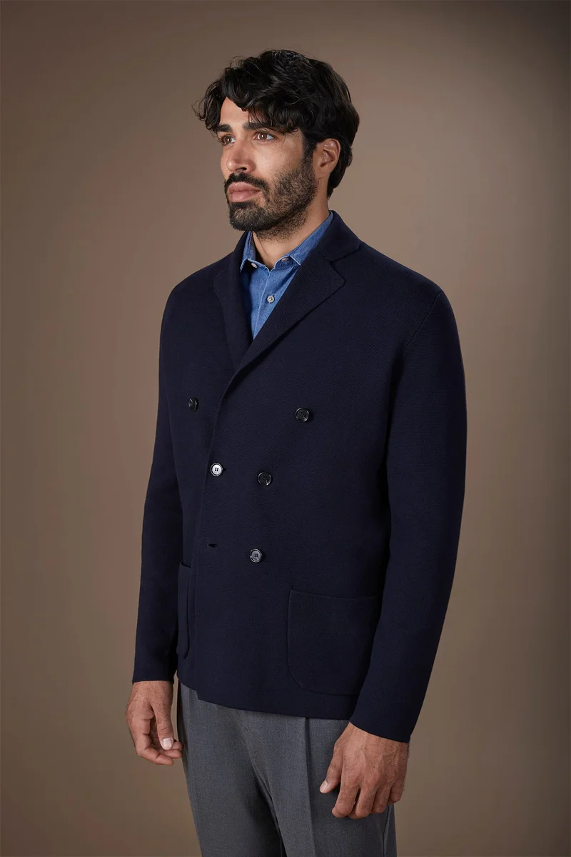 دوبل غانغر Men's single-breasted cardigan in 100% cotton Milano Point knit regular fit - DK Blue
