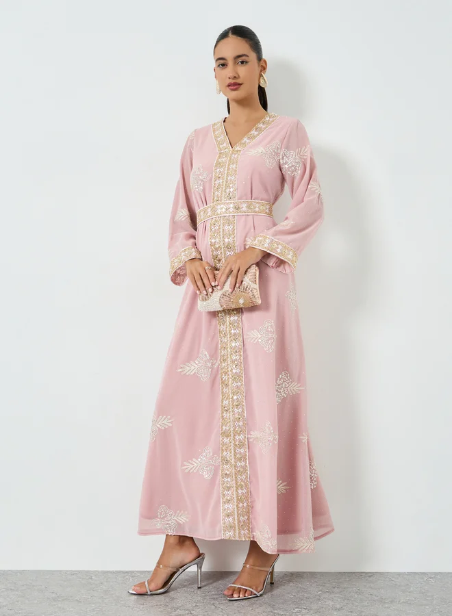 Pink Sequin Embroidered Jalabiya with Tie Belt