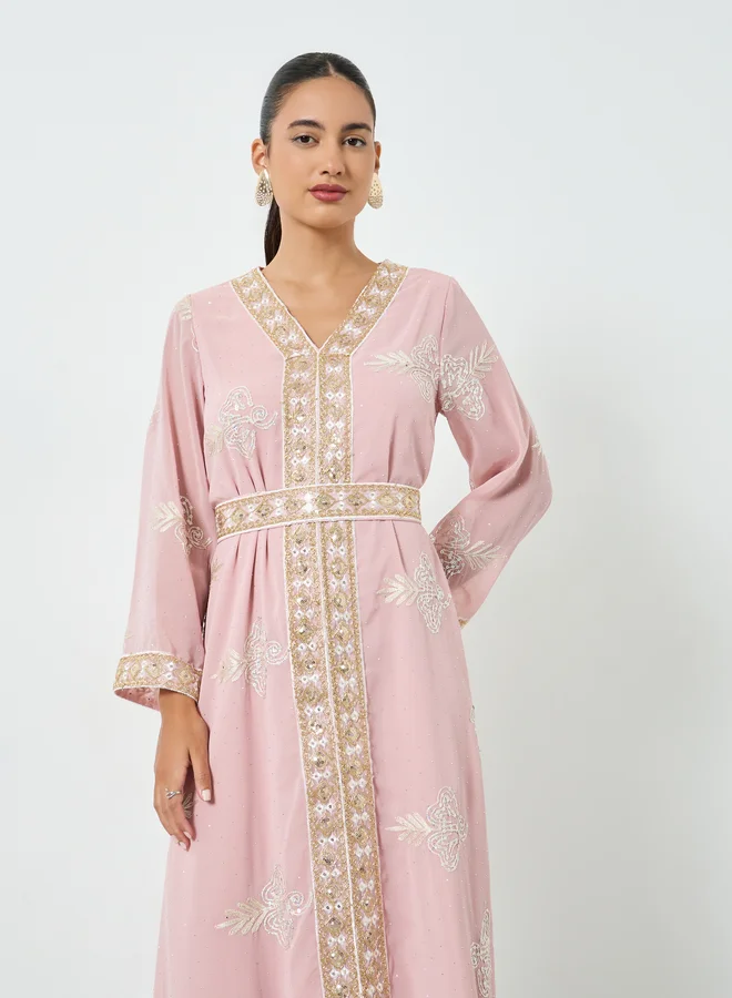 Amirah Pink Sequin Embroidered Jalabiya with Tie Belt