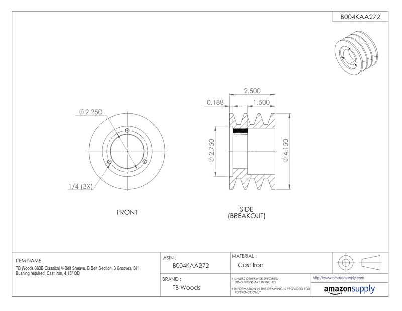 TB Woods 443B Classical V-Belt Sheave, B Belt Section, 3 Grooves, SH Bushing required, Cast Iron, 4.75" OD - Image 4