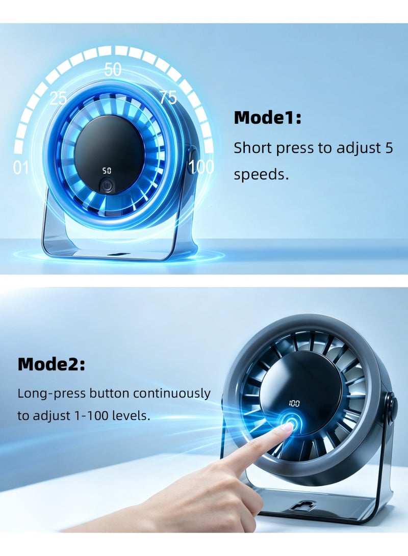 Wahacool Small Desk Fan, 100-Speed Rechargeable USB Fan with LED Display, Wall Mount & Desktop Portable Fan, Quiet Brushless Personal Table Fan for Bedroom Office Dorm Travel, Black - Image 3