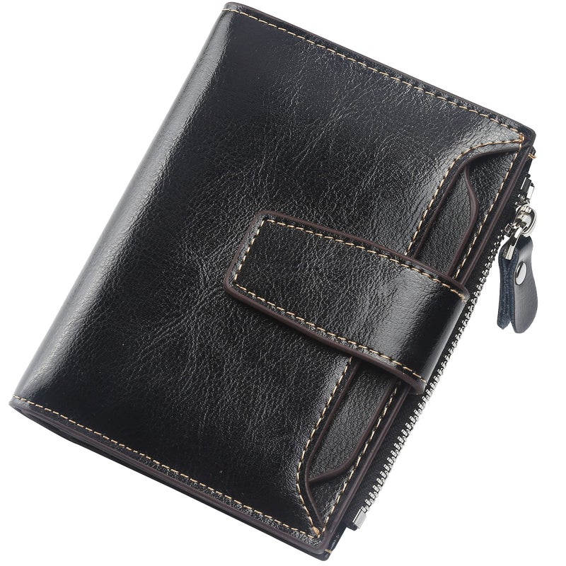 Lavemi Small Compact Women Wallet RFID Blocking Genuine Leather Bifold Purse with ID Windows(Black) - Image 1