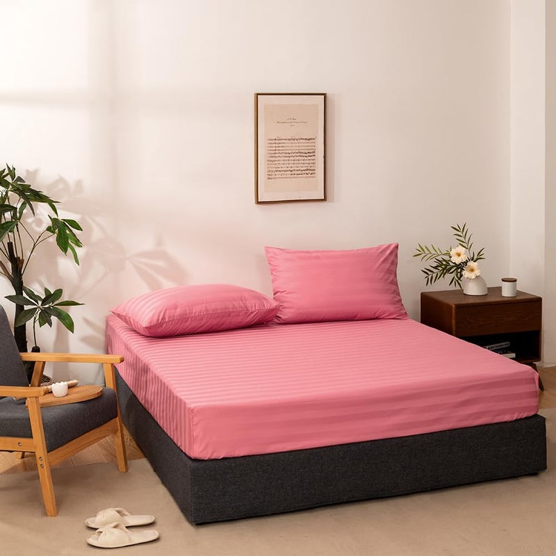 NookZuzu 3 Piece Cotton Stripe Fitted Sheet and Pillowcase Set,Including 1 Queen Pink Fitted Sheet & 2 Pillowcase Set,Organic Cotton Deep Pocket Fitted Sheetï¼ŒNO Flat Sheet Included,Soft and Cooling - Image 2