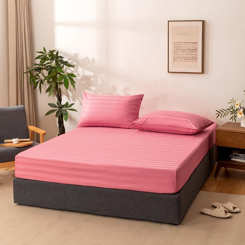 NookZuzu 3 Piece Cotton Stripe Fitted Sheet and Pillowcase Set,Including 1 Queen Pink Fitted Sheet & 2 Pillowcase Set,Organic Cotton Deep Pocket Fitted Sheetï¼ŒNO Flat Sheet Included,Soft and Cooling - Image 5