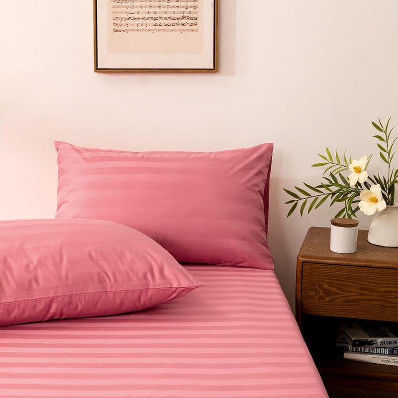 NookZuzu 3 Piece Cotton Stripe Fitted Sheet and Pillowcase Set,Including 1 Queen Pink Fitted Sheet & 2 Pillowcase Set,Organic Cotton Deep Pocket Fitted Sheetï¼ŒNO Flat Sheet Included,Soft and Cooling - Image 1