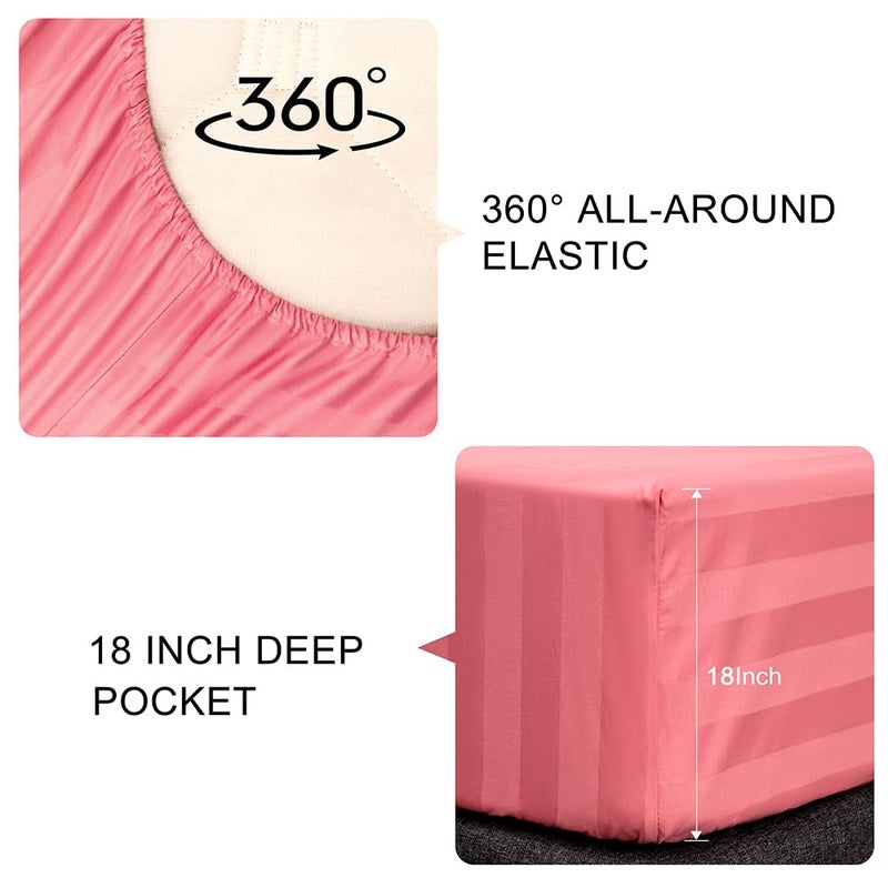 NookZuzu 3 Piece Cotton Stripe Fitted Sheet and Pillowcase Set,Including 1 Queen Pink Fitted Sheet & 2 Pillowcase Set,Organic Cotton Deep Pocket Fitted Sheetï¼ŒNO Flat Sheet Included,Soft and Cooling - Image 4