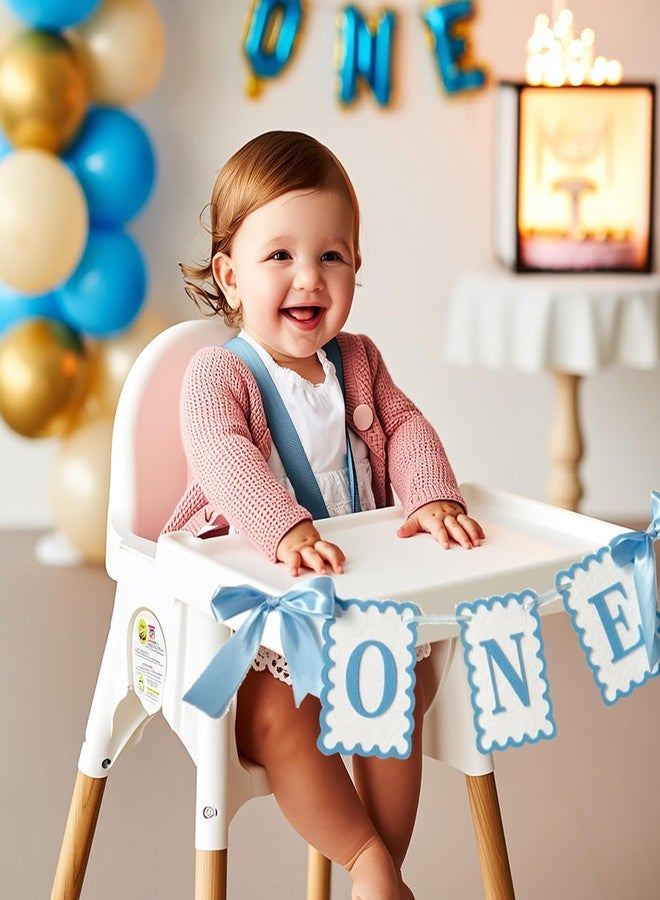 Moonlik One High Chair Banner Girls - Bow 1st Birthday Banner Baby Girl Fairy First Birthday Party Decorations Non-Toxic Fabric with Double Satin Bows (Blue) - Image 2
