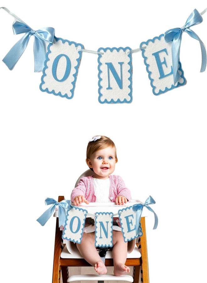 Moonlik One High Chair Banner Girls - Bow 1st Birthday Banner Baby Girl Fairy First Birthday Party Decorations Non-Toxic Fabric with Double Satin Bows (Blue) - Image 1