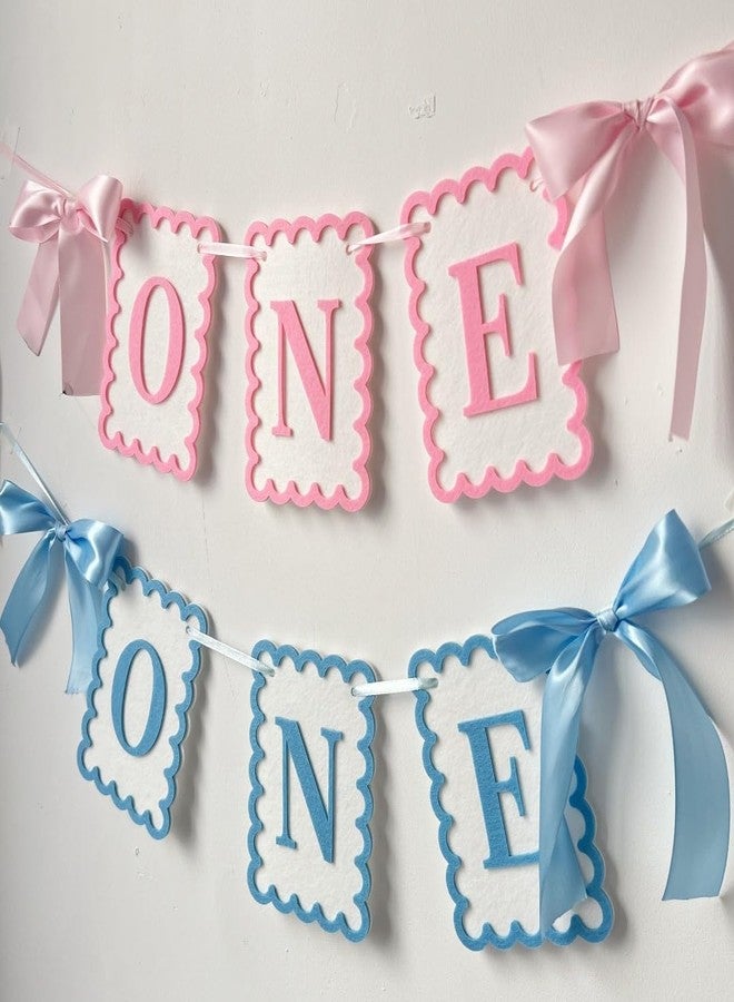 Moonlik One High Chair Banner Girls - Bow 1st Birthday Banner Baby Girl Fairy First Birthday Party Decorations Non-Toxic Fabric with Double Satin Bows (Blue) - Image 3