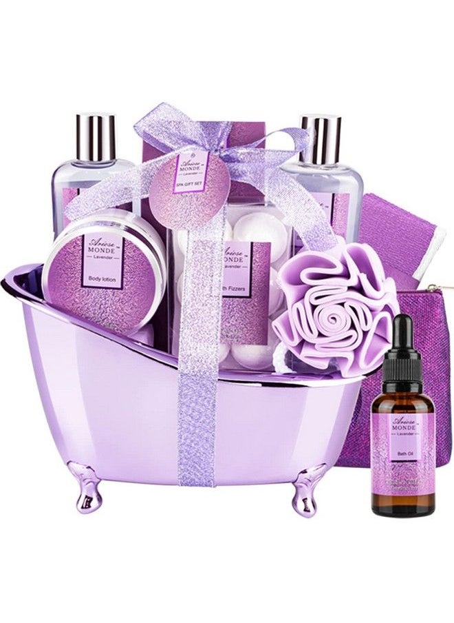 ArioseMonde Bath Spa Basket Gift Set Bath & Body Gift Set For Women Lavender Scent Includes Body Lotion Shower Gel Bath Salts Bubble Bath Bath Fizzers Bath Oil Birthday Bath Set Gift Idea  - Image 1