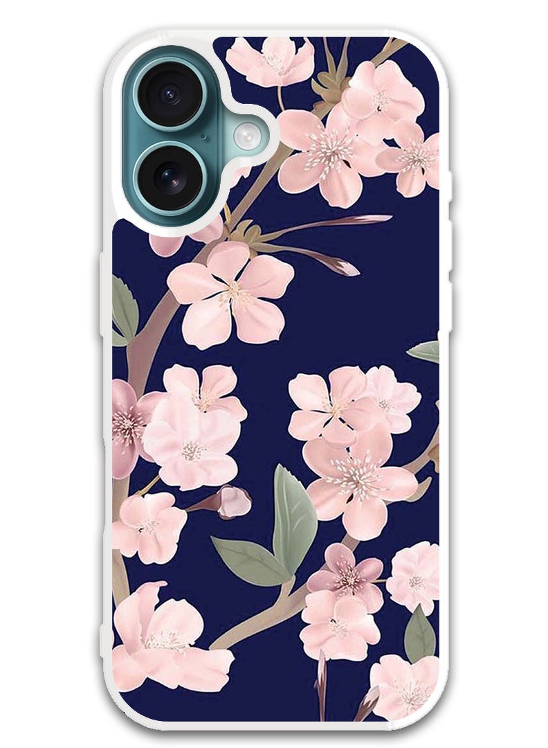 Theodor Protective Case Cover For APPLE IPHONE 16 Plus Pink Flowers In Blue Background (White Bumper) - Image 1