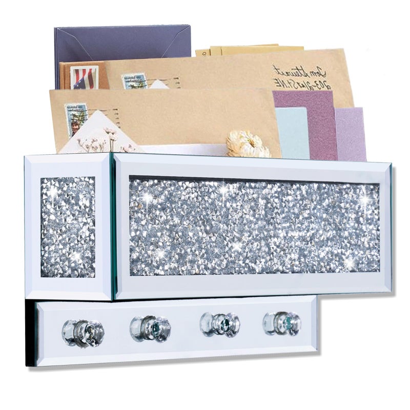 WALTSOM Crushed Diamond Key and Mail Holder for Wall Crystal Mail Organizer Wall Mount Mirror Mail and Key Holder Wall Mount for Entryway and Home Decor - Image 2