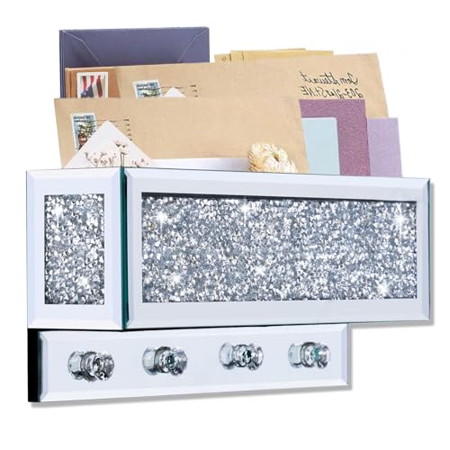 WALTSOM Crushed Diamond Key and Mail Holder for Wall Crystal Mail Organizer Wall Mount Mirror Mail and Key Holder Wall Mount for Entryway and Home Decor - Image 1