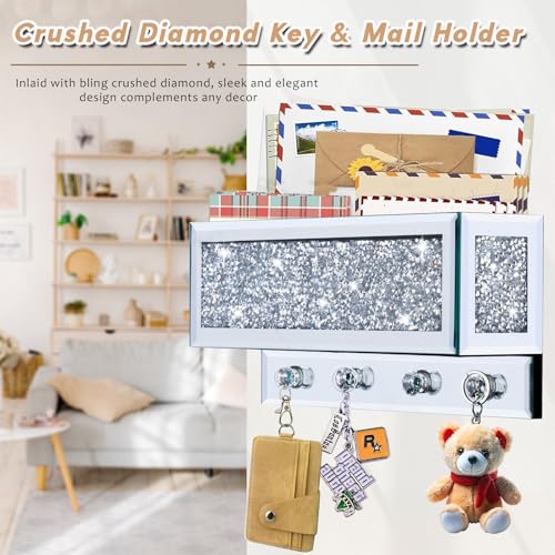 WALTSOM Crushed Diamond Key and Mail Holder for Wall Crystal Mail Organizer Wall Mount Mirror Mail and Key Holder Wall Mount for Entryway and Home Decor - Image 3