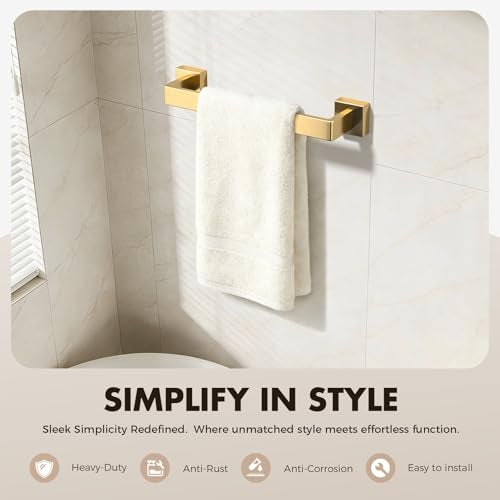 PAHSFS Bathroom Accessory Towel Bar Set: 10 Pieces Gold Bathroom Hardware Square SUS304 Stainless Steel - Wall Mounted Towel Rack&Toilet Paper Holder&Towel Ring and Towel Hook - Image 2