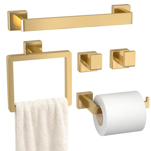 PAHSFS Bathroom Accessory Towel Bar Set: 10 Pieces Gold Bathroom Hardware Square SUS304 Stainless Steel - Wall Mounted Towel Rack&Toilet Paper Holder&Towel Ring and Towel Hook - Image 1