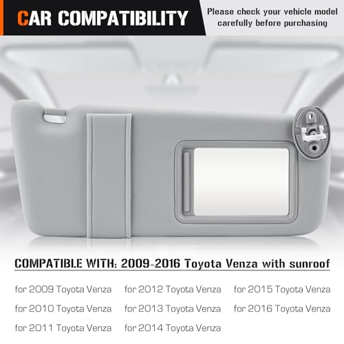AEagle Sun Visor with Light for 2009-2016 Toyota Venza with Sunroof, Right Passenger Side Gray Sunvisor Replacement 74320-0T021-B1 - Image 2