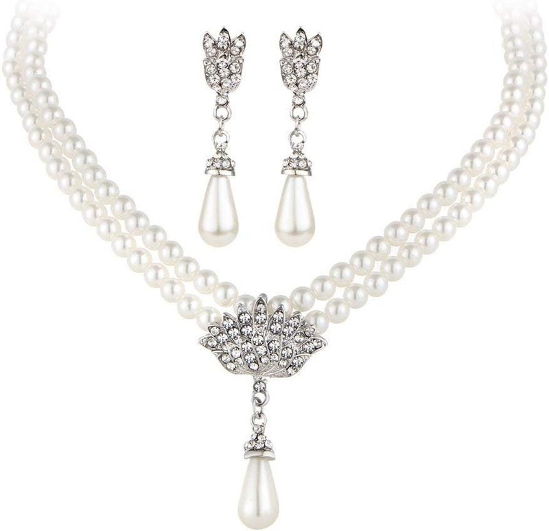 Shining Diva Fashion 18K Gold Plated Pearl Necklace Set with Cubic Zirconia Earrings for Women - Image 1
