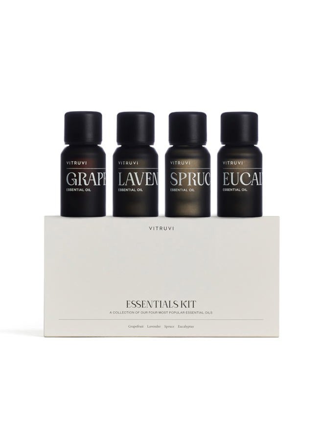 Vitruvi Essentials Kit, Essential Oil Starter Kit, 100% Pure Lavender, Eucalyptus, Grapefruit, Spruce, 4X 10ml (0.3 fl.oz) Bottles, 4 Count - Image 1