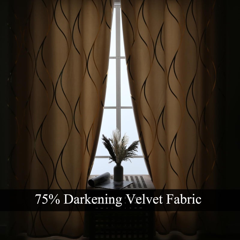 L.Z.E Cream Gold Blackout Curtains for Bedroom, Heavy Duty Velvet Curtains 84 Inches Long 2 Panels Set, 75% Room Darkening Curtains for Living Room, Extra Thick Drapes with Gold Pattern Grommet Top - Image 2