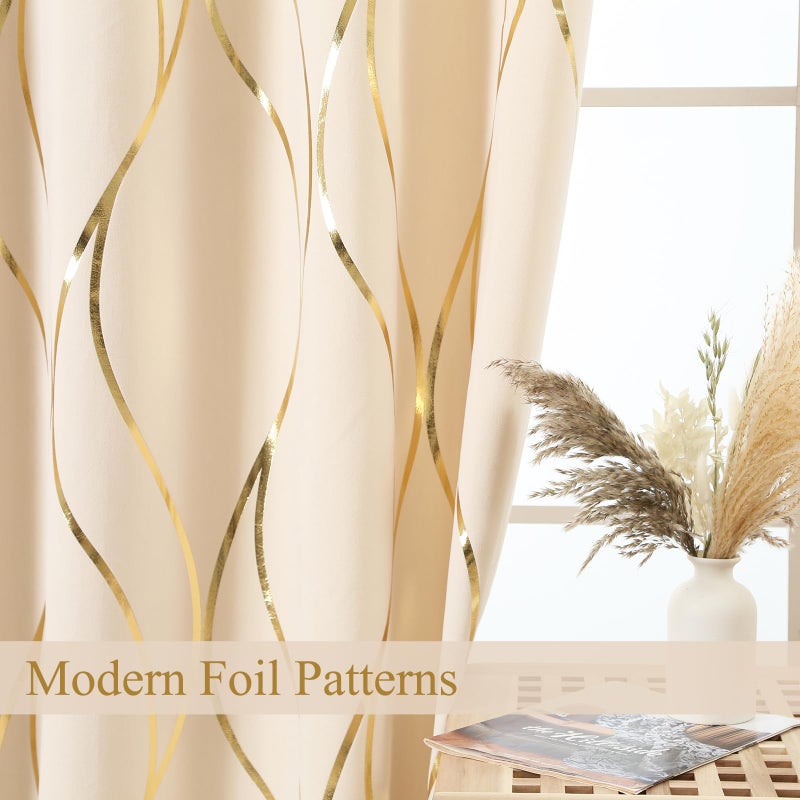 L.Z.E Cream Gold Blackout Curtains for Bedroom, Heavy Duty Velvet Curtains 84 Inches Long 2 Panels Set, 75% Room Darkening Curtains for Living Room, Extra Thick Drapes with Gold Pattern Grommet Top - Image 4