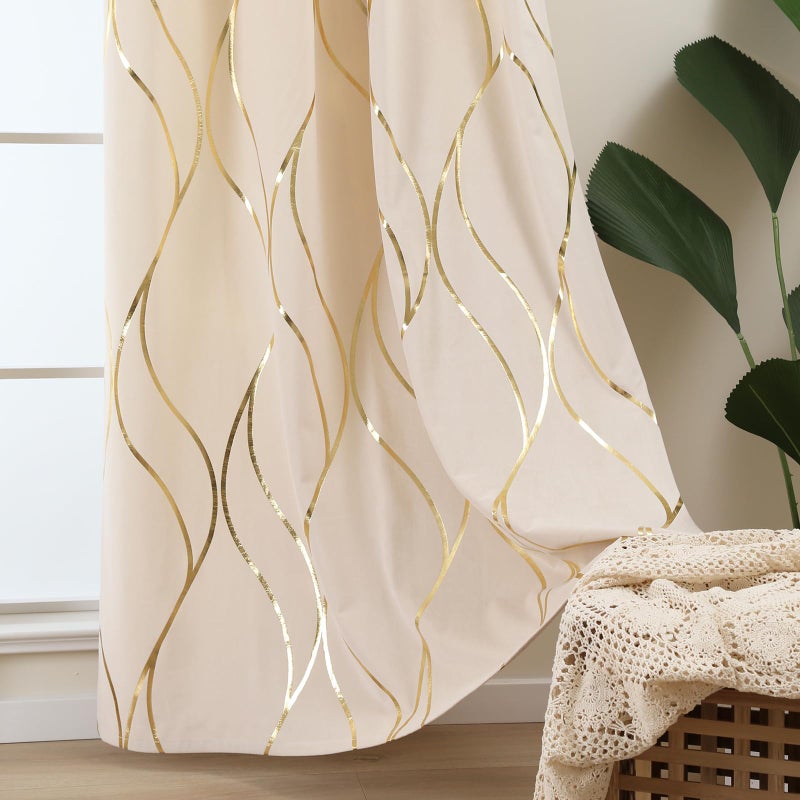 L.Z.E Cream Gold Blackout Curtains for Bedroom, Heavy Duty Velvet Curtains 84 Inches Long 2 Panels Set, 75% Room Darkening Curtains for Living Room, Extra Thick Drapes with Gold Pattern Grommet Top - Image 3