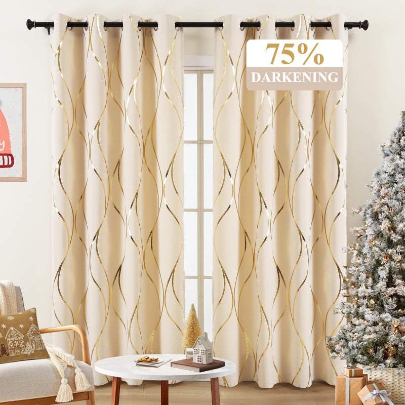 L.Z.E Cream Gold Blackout Curtains for Bedroom, Heavy Duty Velvet Curtains 84 Inches Long 2 Panels Set, 75% Room Darkening Curtains for Living Room, Extra Thick Drapes with Gold Pattern Grommet Top - Image 1