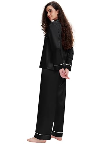 Lonxu Womens Silk Satin Pajamas Set Sleepwear Loungewear Black S - Image 3