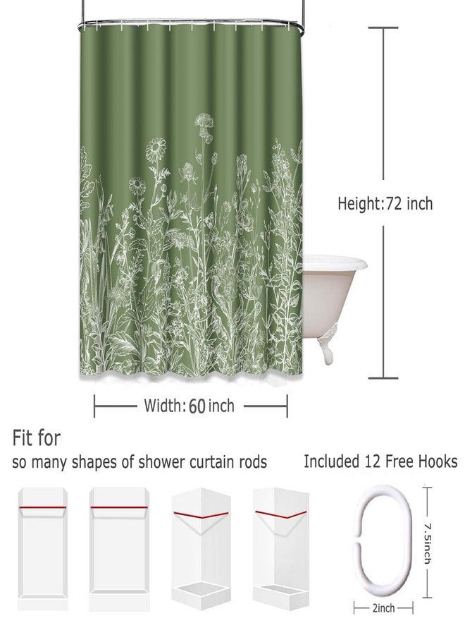 Emvency Floral Sage Green Shower Curtain Border White Herbs and Wild Flowers Botanical Vintage Engraving Light Waterproof Polyester Fabric 60 x 72 Inches Set with Hooks - Image 3