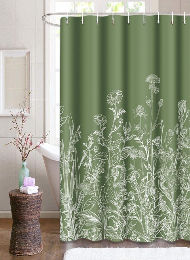 Emvency Floral Sage Green Shower Curtain Border White Herbs and Wild Flowers Botanical Vintage Engraving Light Waterproof Polyester Fabric 60 x 72 Inches Set with Hooks - Image 1